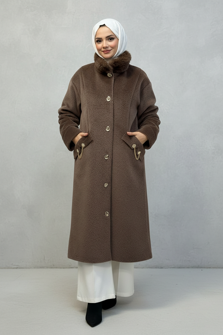 Yakası Kürk Detaylı Angora Kaban Kahve