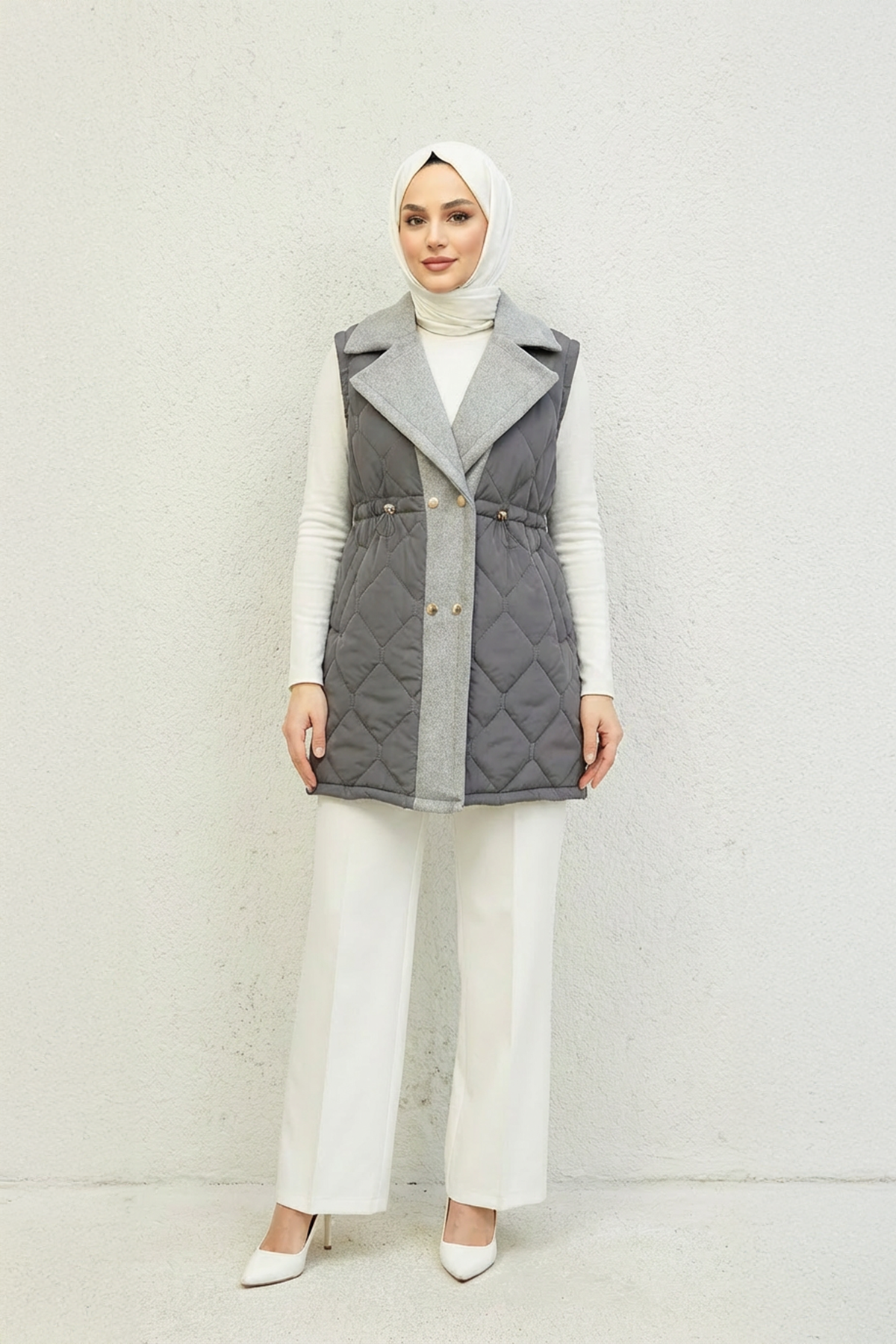 Baklava Desen Premium Kaşe Detaylı Yelek Gri