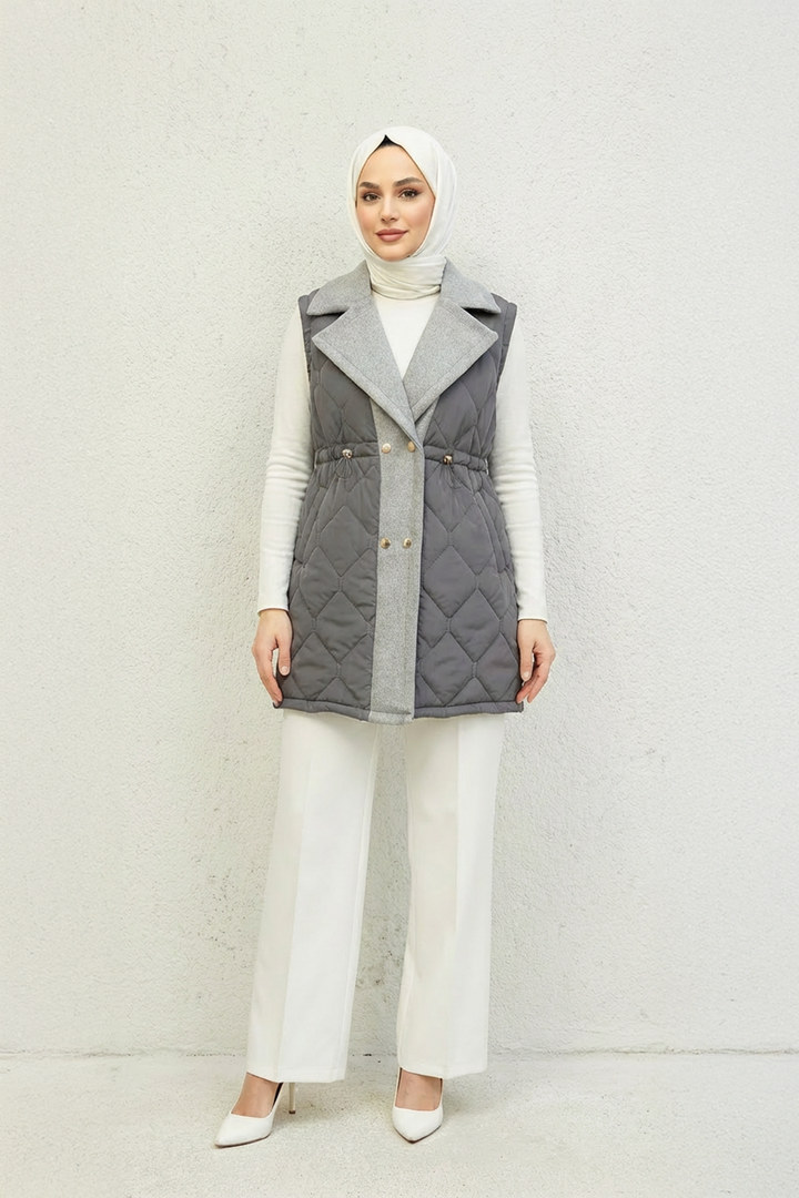 Baklava Desen Premium Kaşe Detaylı Yelek Gri