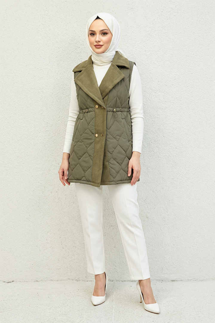 Baklava Desen Premium Kaşe Detaylı Yelek Haki