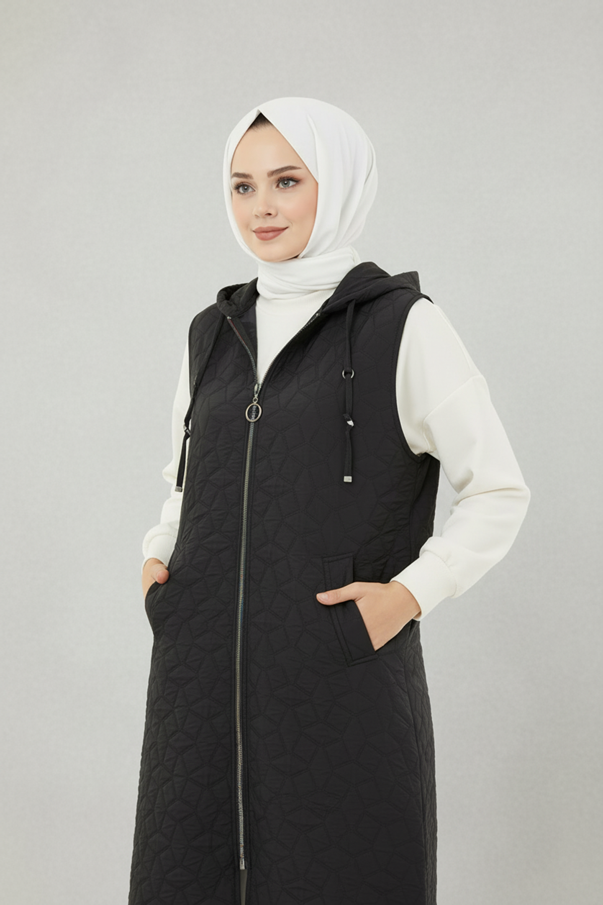 Kapüşonlu Kapitone Kumaş Yelek Siyah