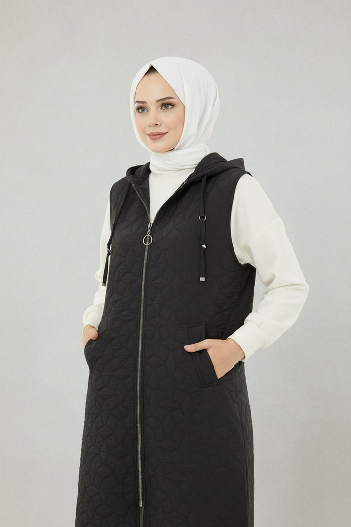 Kapüşonlu Kapitone Kumaş Yelek Siyah
