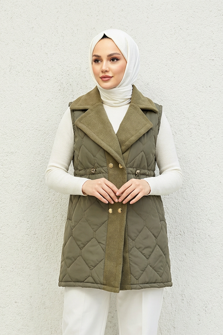 Baklava Desen Premium Kaşe Detaylı Yelek Haki