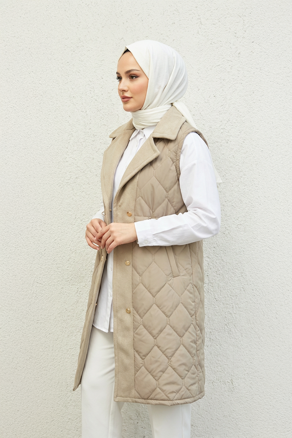 Ara Boy Kapitone Kaşe Detaylı Yelek Vizon