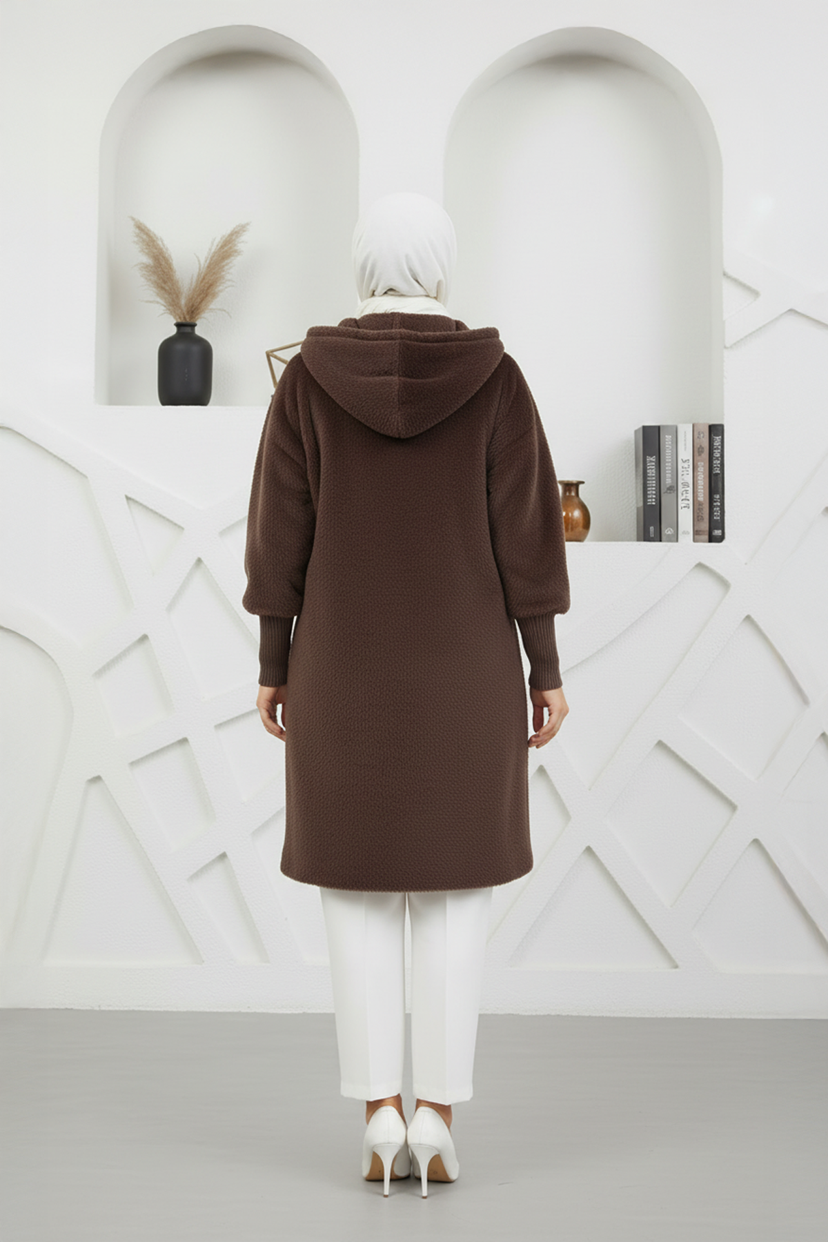 Kapşonlu Angora Kumaş Kaban Kahve