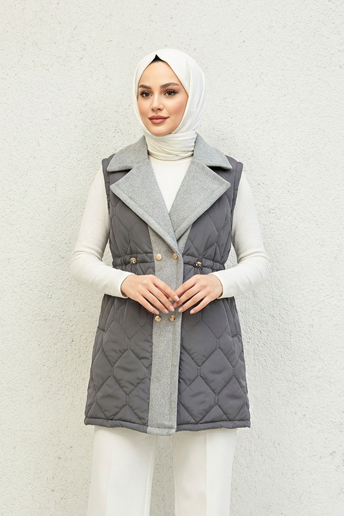 Baklava Desen Premium Kaşe Detaylı Yelek Gri