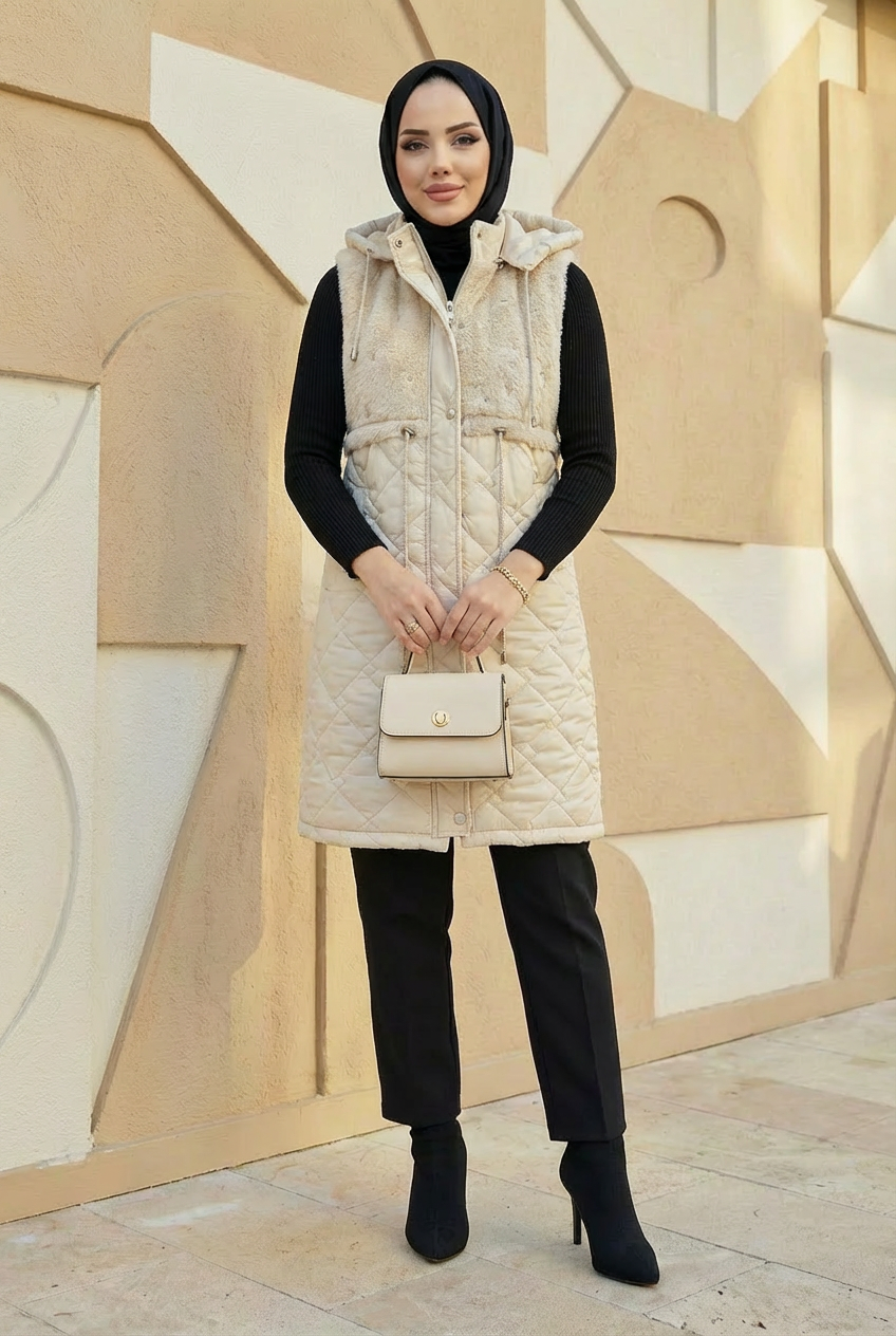 Taş İşlemeli Kürk Detaylı Kapitone Yelek Bej