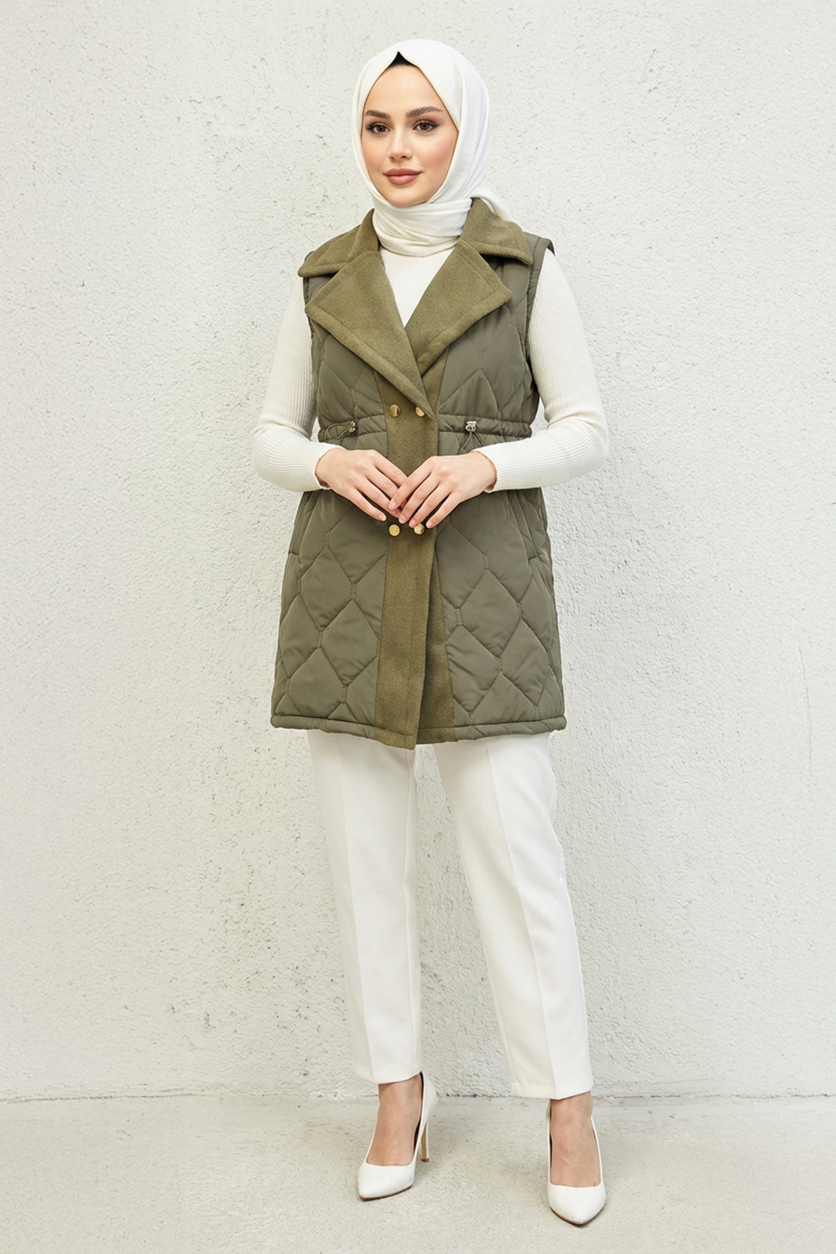 Baklava Desen Premium Kaşe Detaylı Yelek Haki