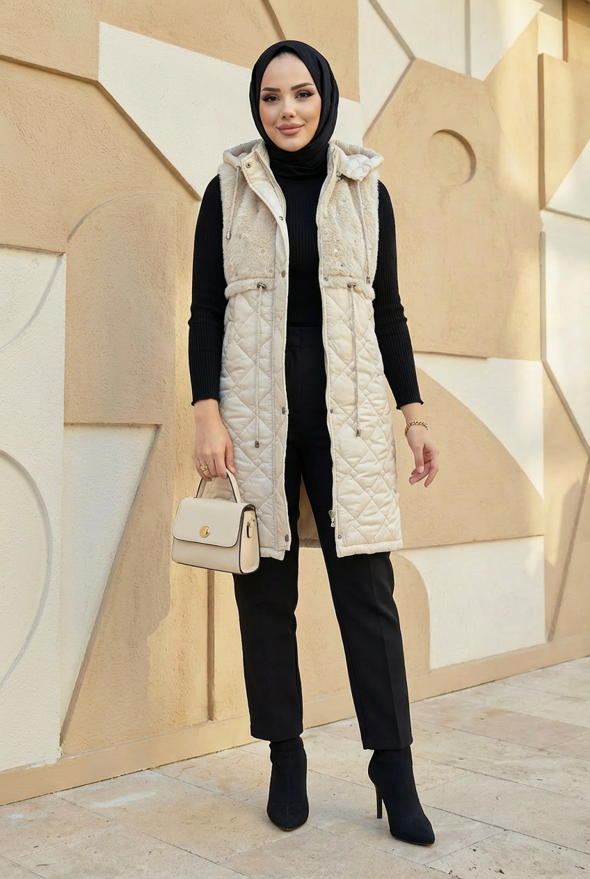 Taş İşlemeli Kürk Detaylı Kapitone Yelek Bej