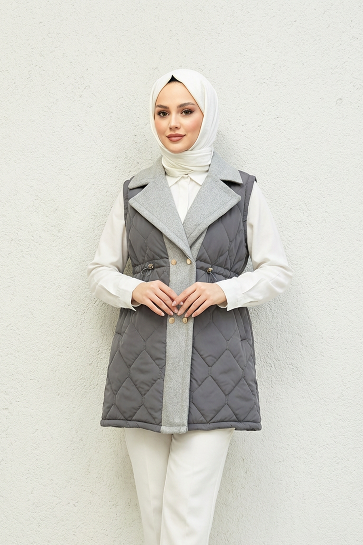 Baklava Desen Premium Kaşe Detaylı Yelek Gri