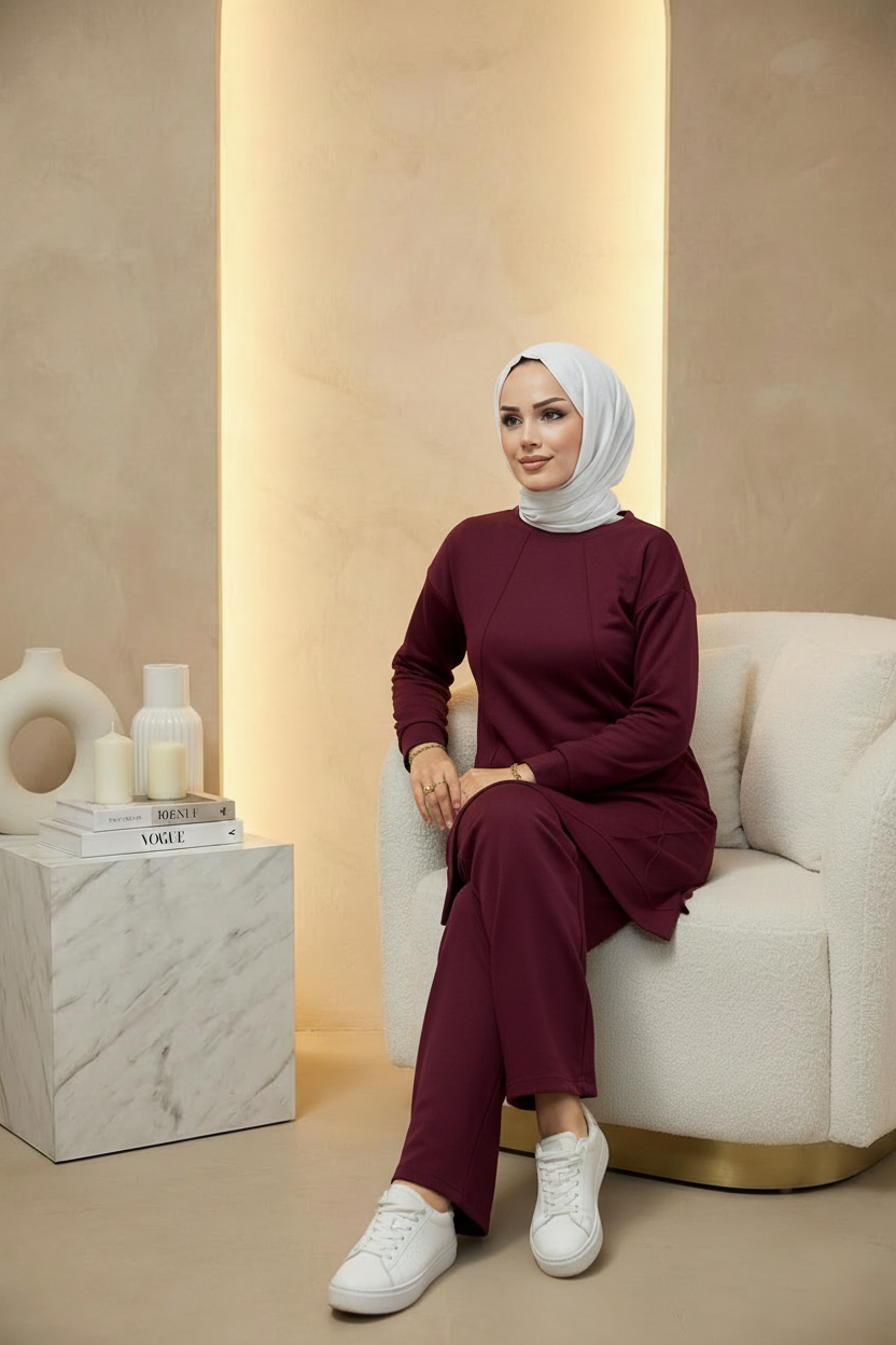 Ütü İz Detaylı Oysho Kumaş Takım Bordo