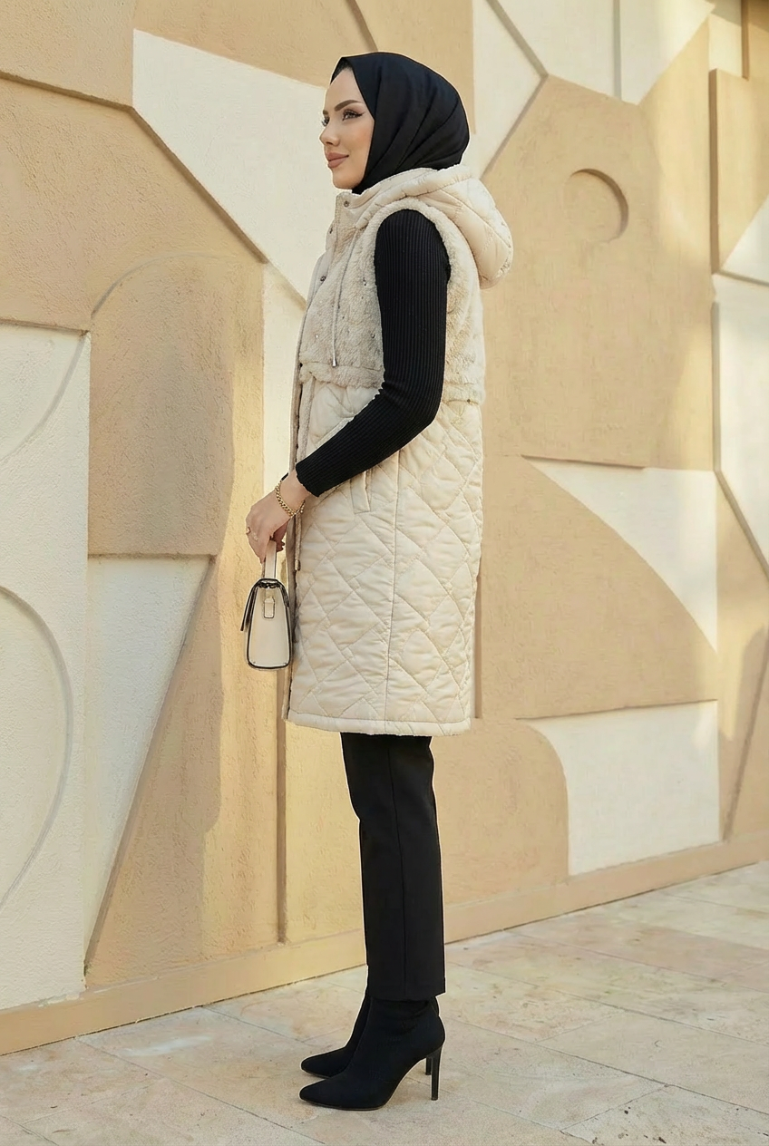 Taş İşlemeli Kürk Detaylı Kapitone Yelek Bej