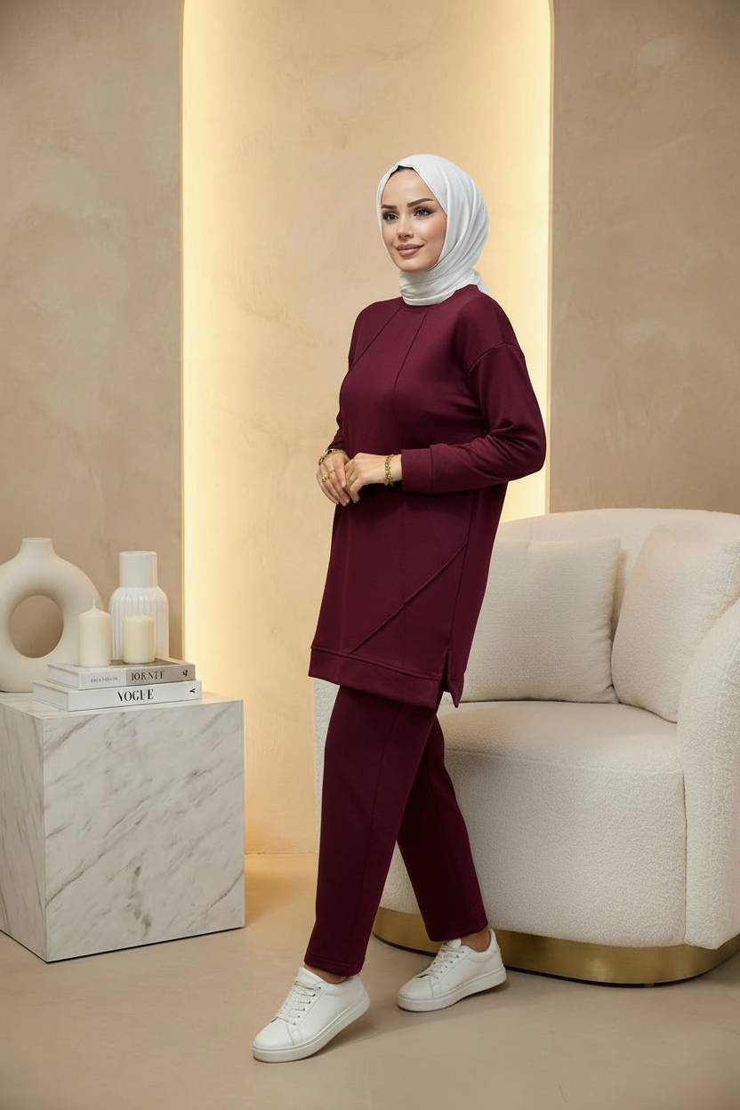 Ütü İz Detaylı Oysho Kumaş Takım Bordo