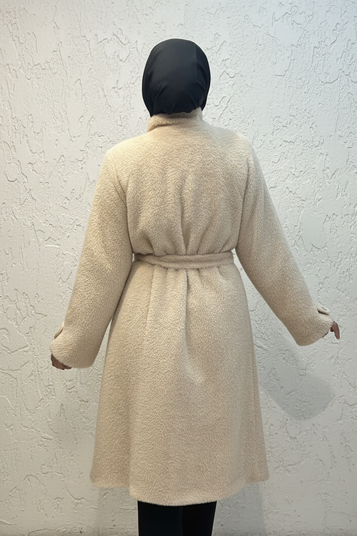 Gold Düğme Detaylı Kuşaklı Angora Kaban Vizon