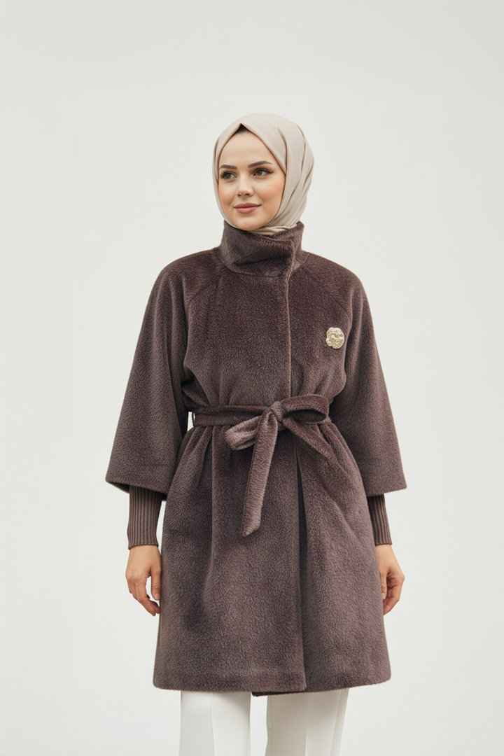 Broş Detaylı Kaşe Kumaş Kaban Kahve