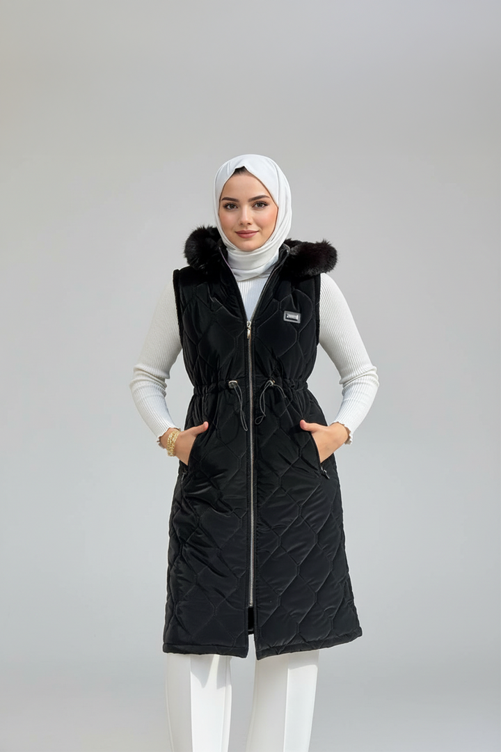 Kürk Detaylı Ara Boy Kapitone Yelek Siyah