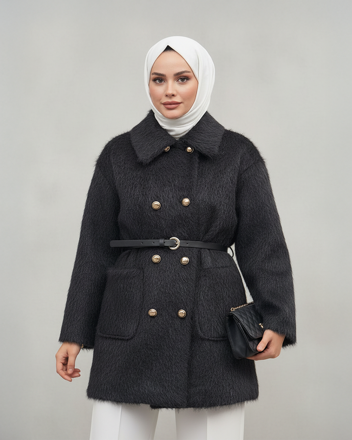 Tay Tüyü Gold Düğmeli Mont Siyah