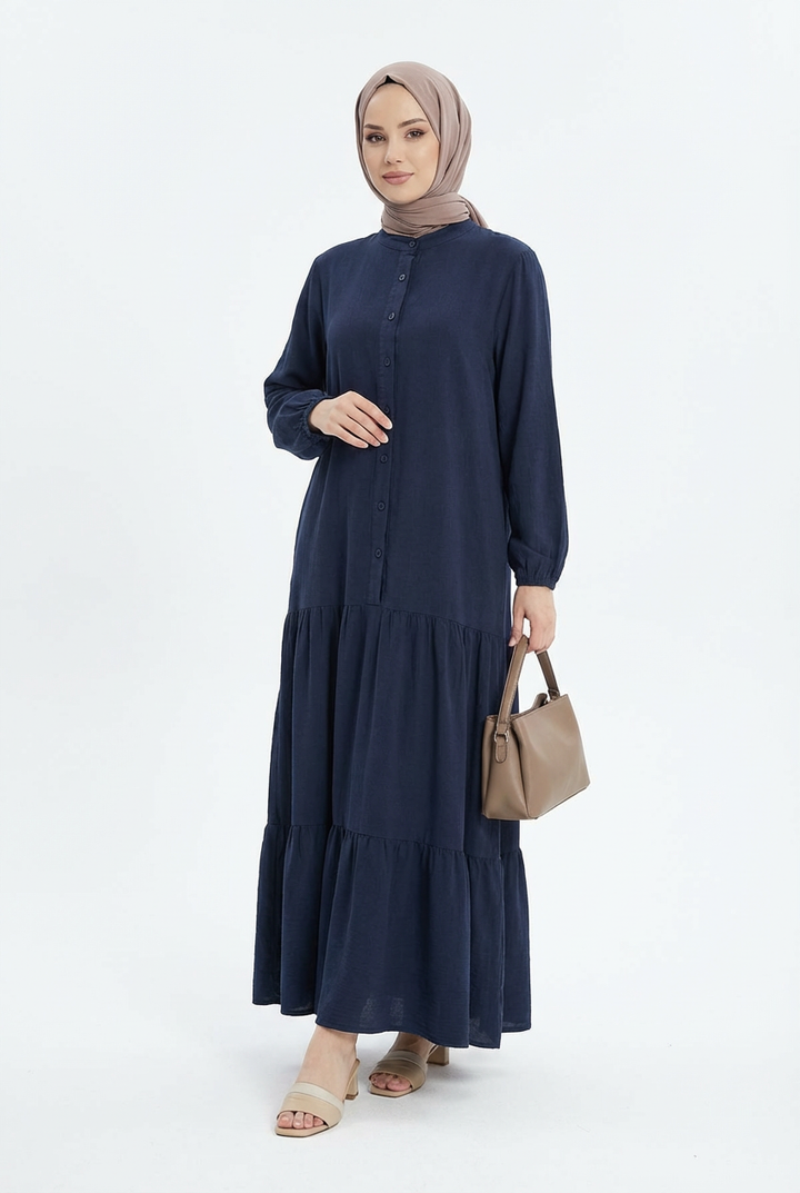 Tensel Yıkamalı Kumaş Lacivert Tesettür Elbise