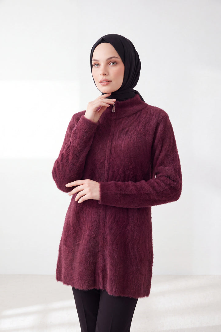 Fermuarlı Triko Hırka Mürdüm