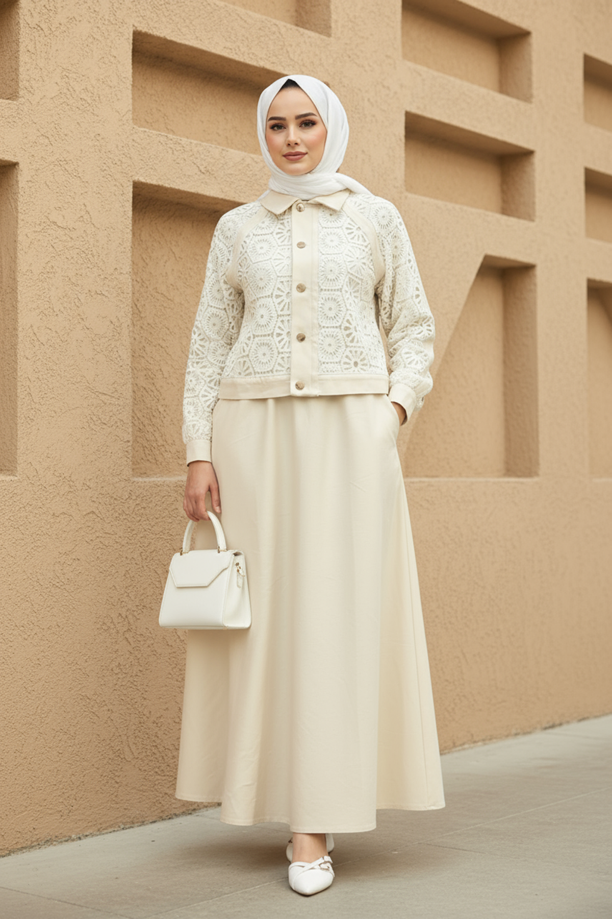 Dantel Detaylı Gabardin Kumaş Takım Bej