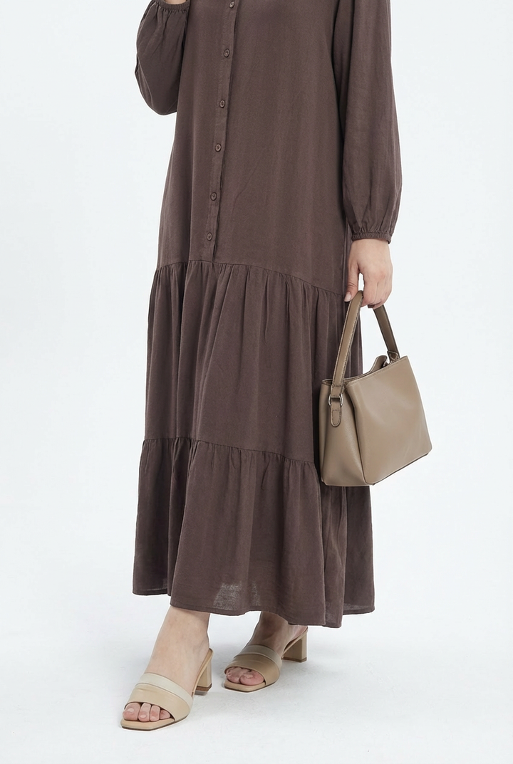 Tensel Yıkamalı Kumaş Kahverengi Tesettür Elbise