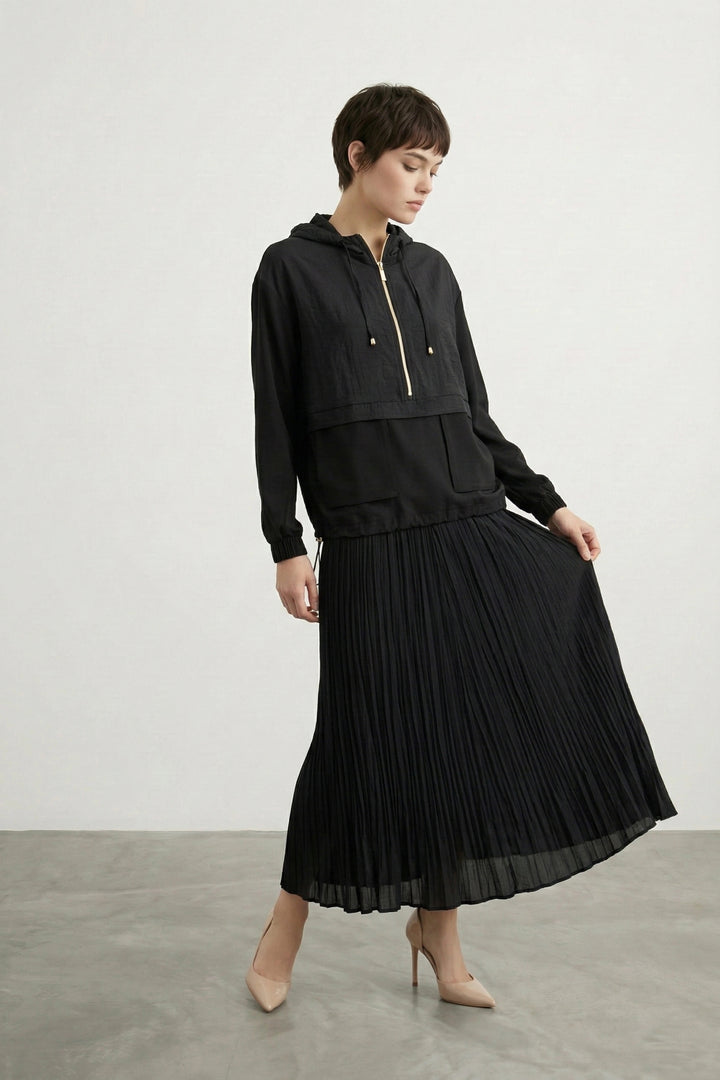 Torba Cepli Kapüşonlu Etekli Takım Siyah