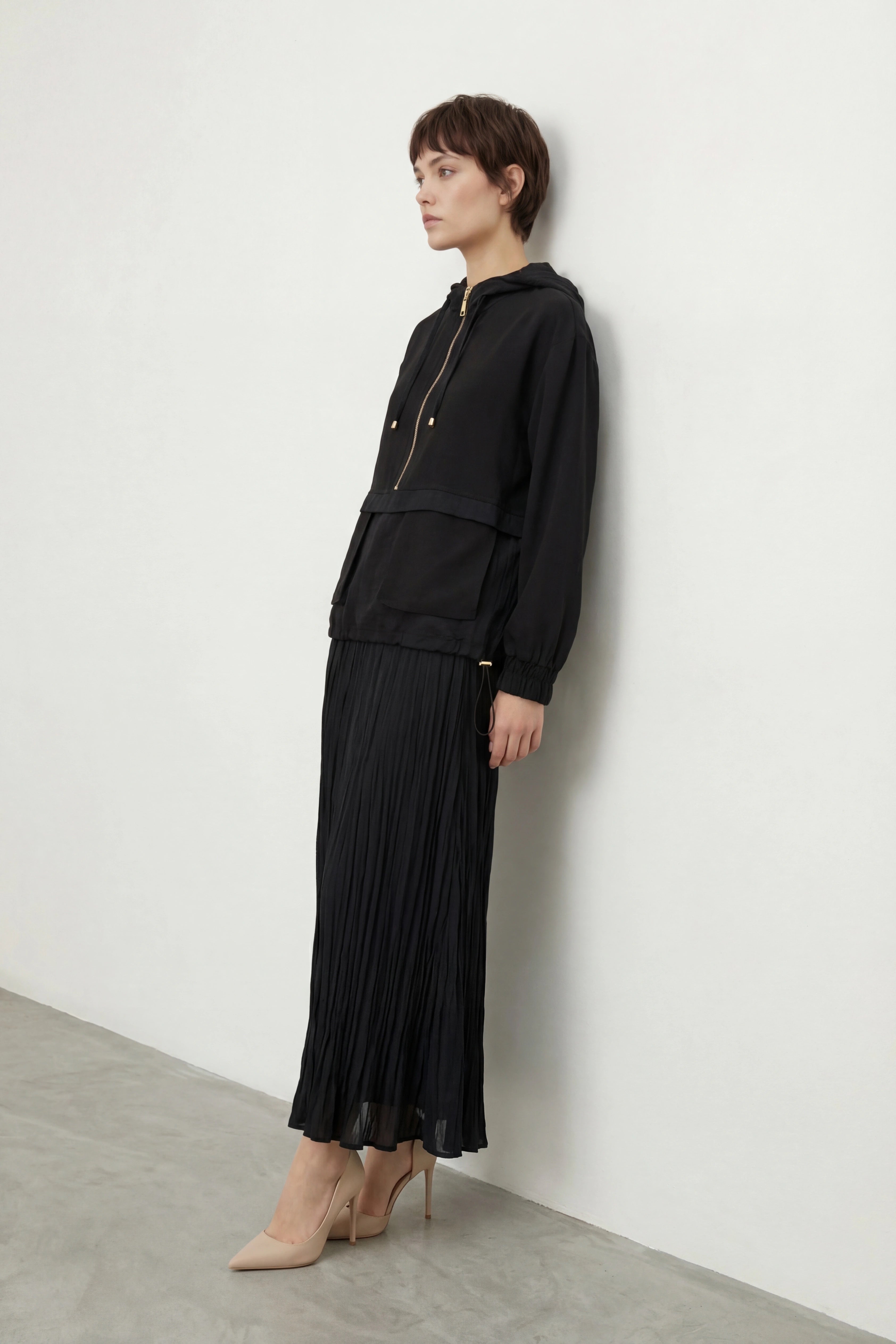 Torba Cepli Kapüşonlu Etekli Takım Siyah