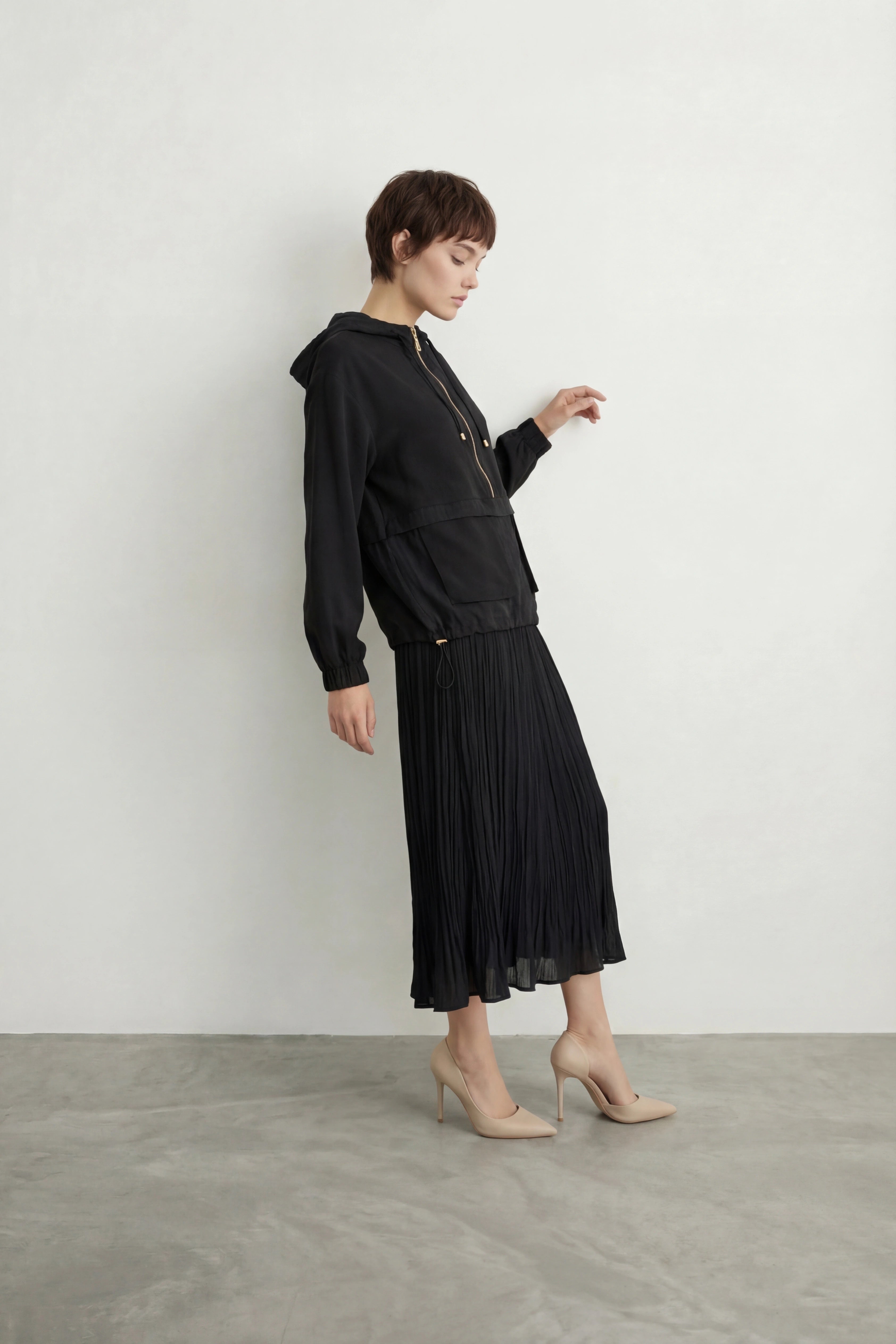 Torba Cepli Kapüşonlu Etekli Takım Siyah