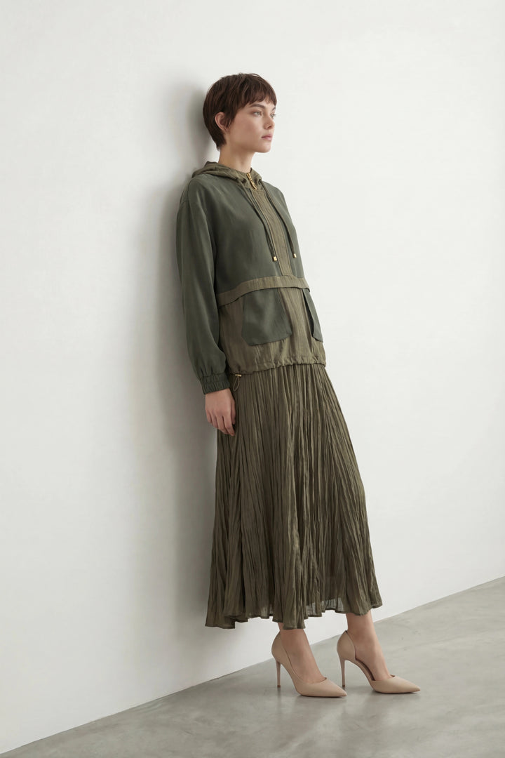 Torba Cepli Kapüşonlu Etekli Takım Haki