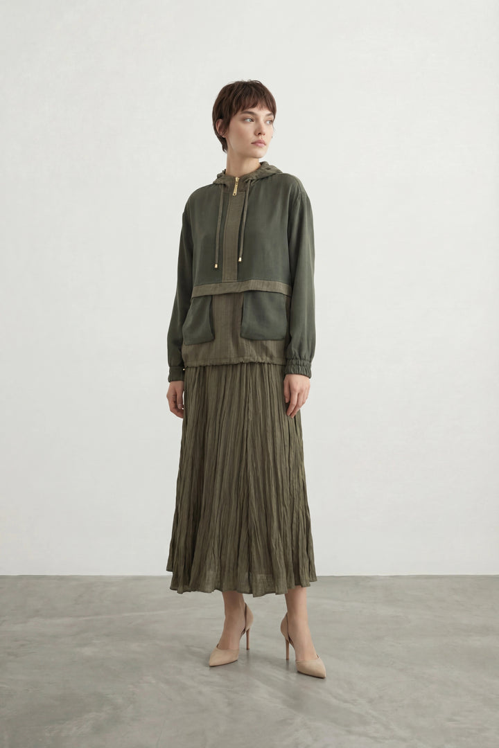 Torba Cepli Kapüşonlu Etekli Takım Haki