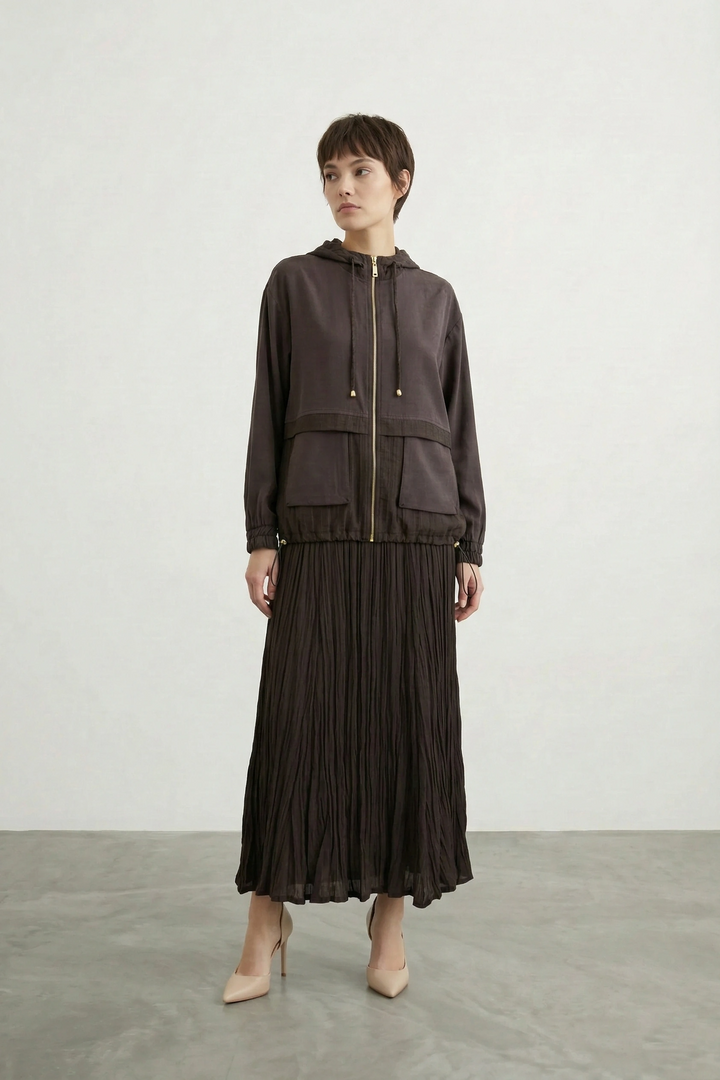 Torba Cepli Kapüşonlu Etekli Takım Kahverengi