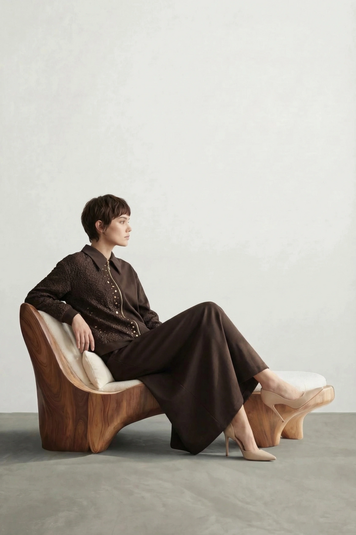 Taş İşlemeli Parlak Kumaş detaylı Qupra Kumaş Takım Kahverengi