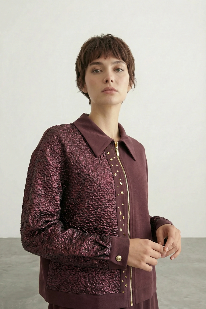 Taş İşlemeli Parlak Kumaş detaylı Qupra Kumaş Takım Mürdüm