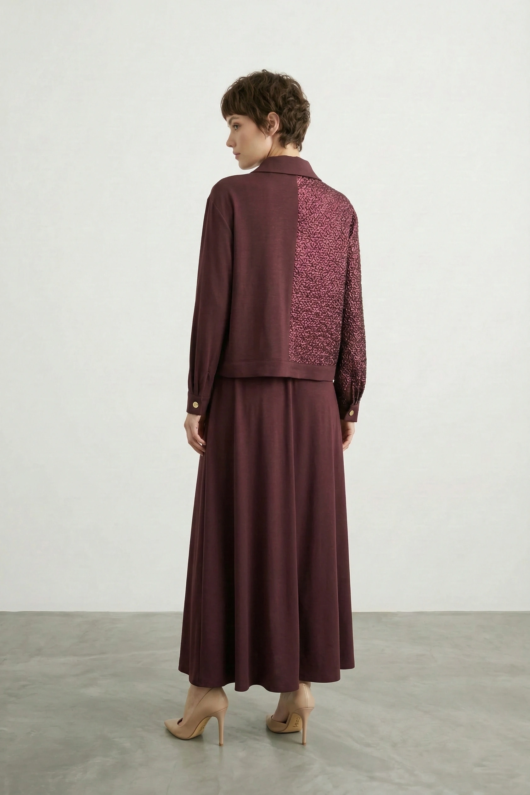 Taş İşlemeli Parlak Kumaş detaylı Qupra Kumaş Takım Mürdüm