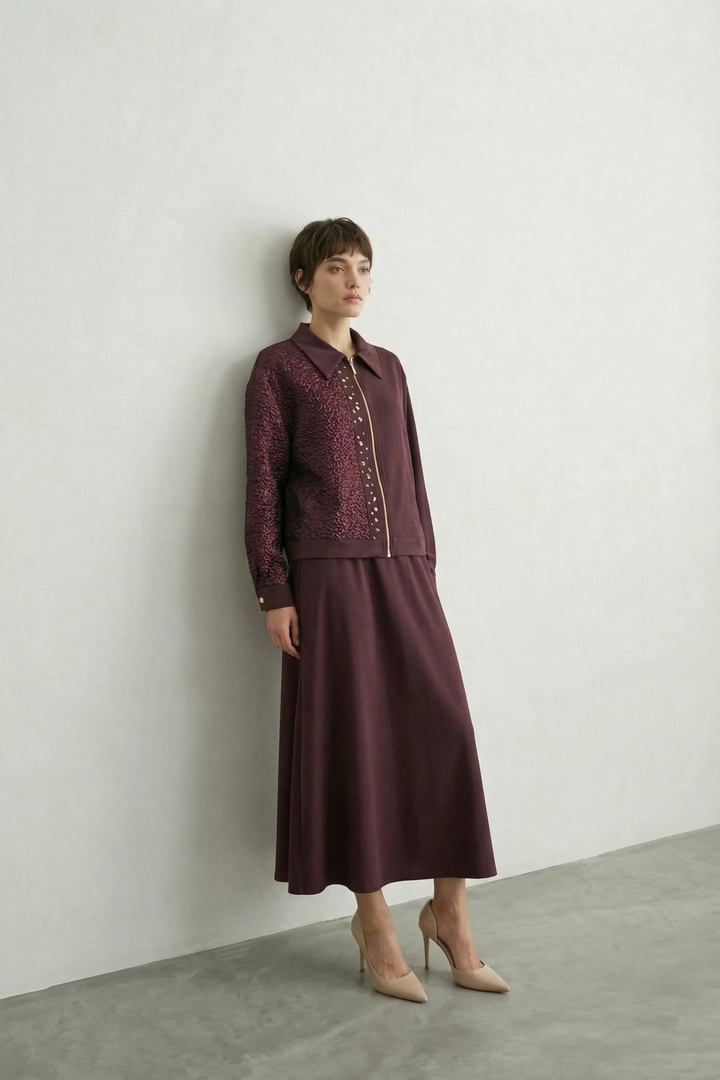 Taş İşlemeli Parlak Kumaş detaylı Qupra Kumaş Takım Mürdüm