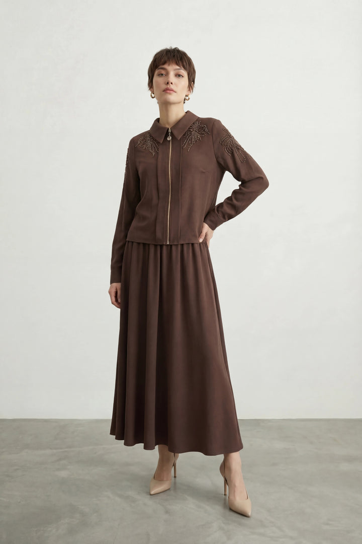 Taş İşlemeli Amiri Kumaş Etekli Takım Kahverengi