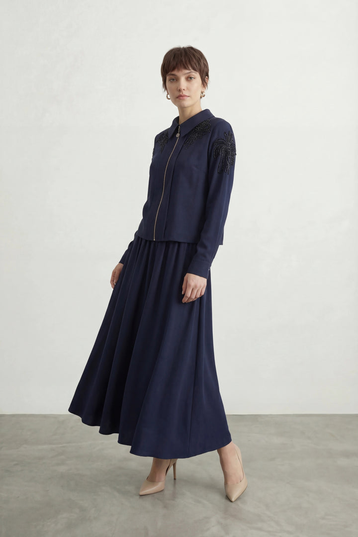 Taş İşlemeli Amiri Kumaş Etekli Takım Lacivert