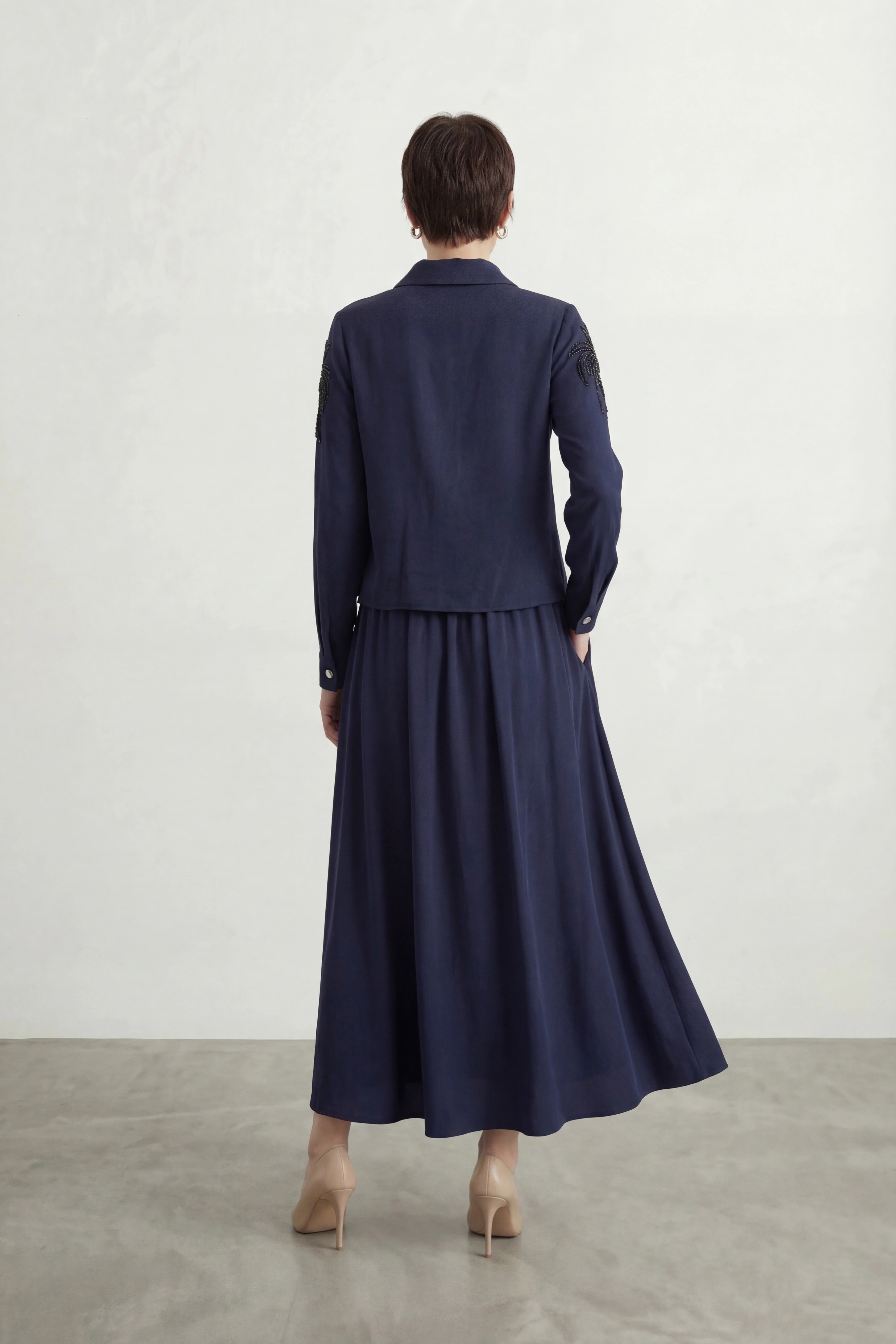 Taş İşlemeli Amiri Kumaş Etekli Takım Lacivert