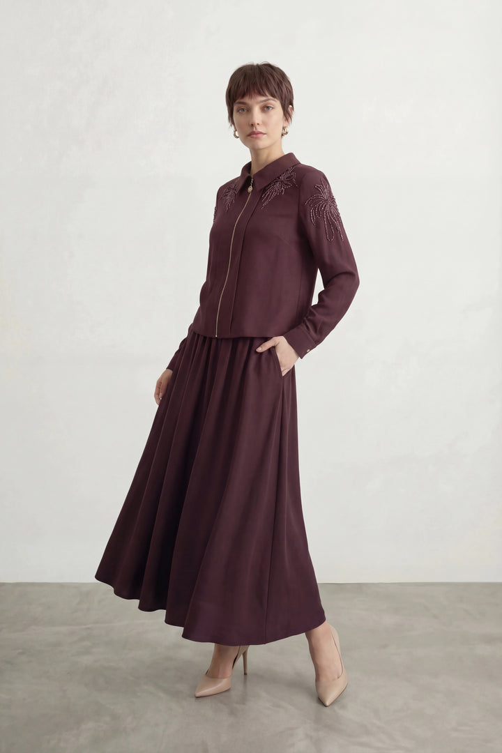 Taş İşlemeli Amiri Kumaş Etekli Takım Bordo
