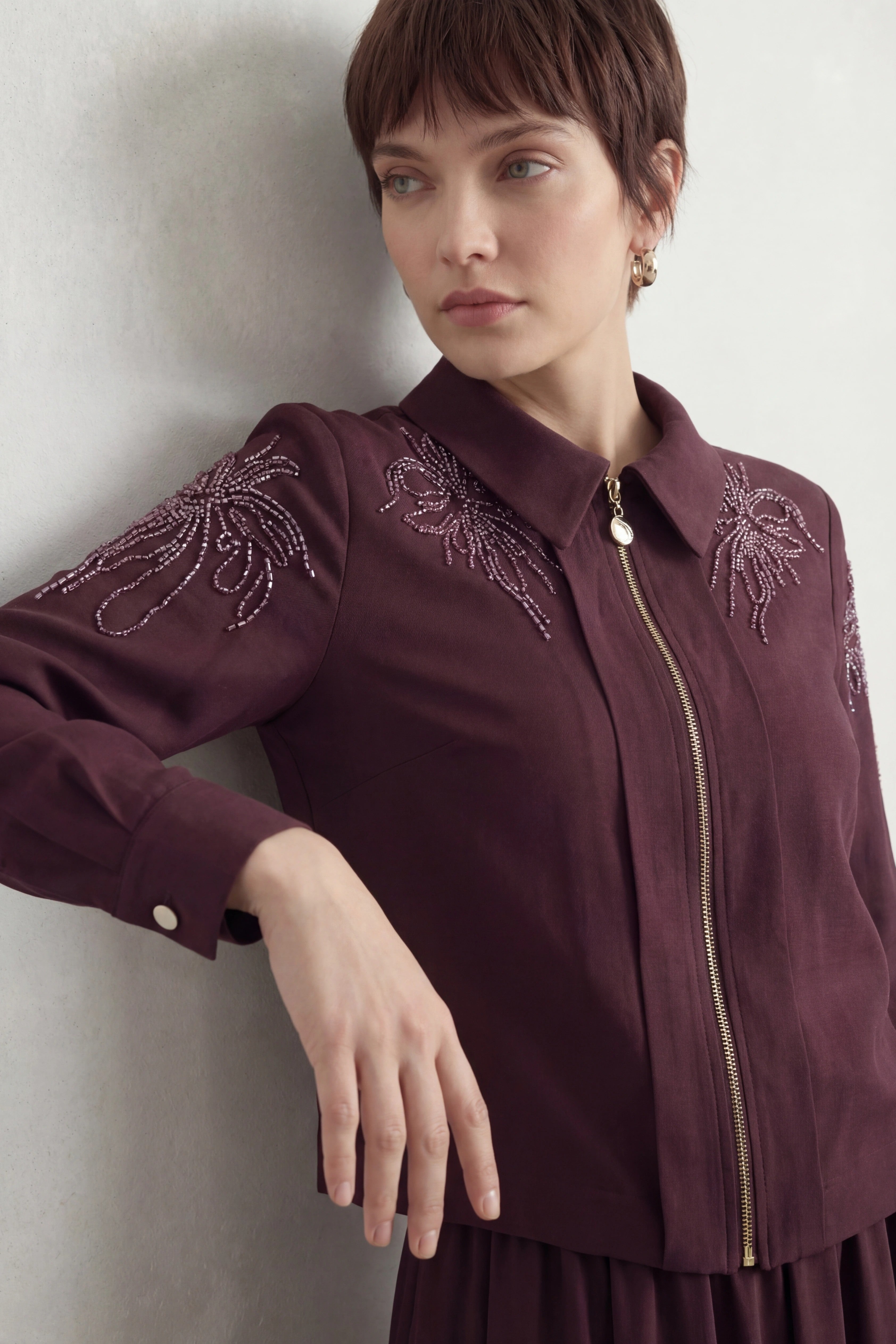 Taş İşlemeli Amiri Kumaş Etekli Takım Bordo