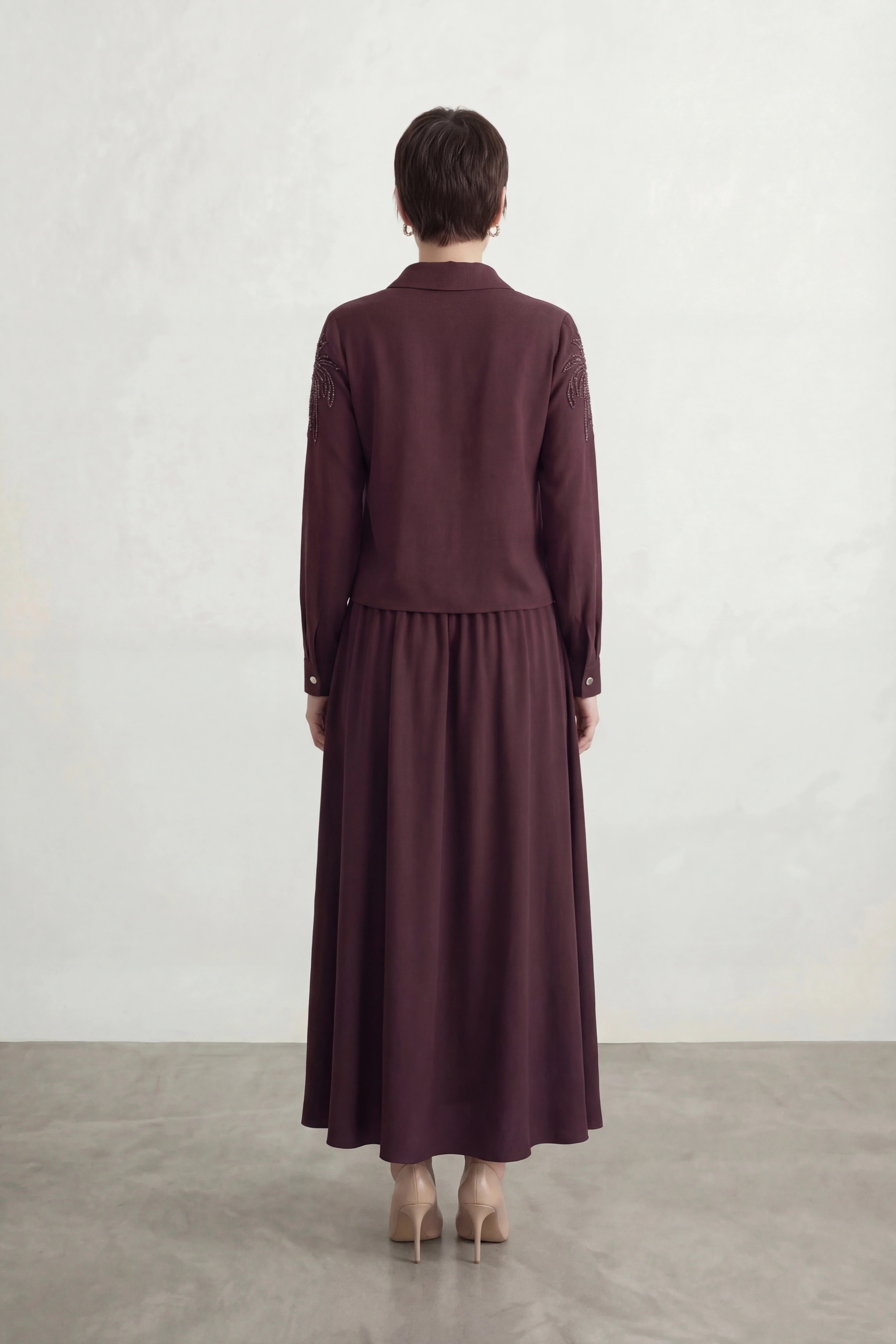 Taş İşlemeli Amiri Kumaş Etekli Takım Bordo