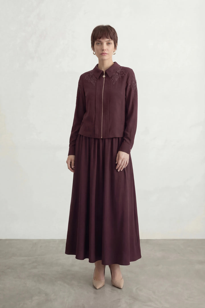 Taş İşlemeli Amiri Kumaş Etekli Takım Bordo