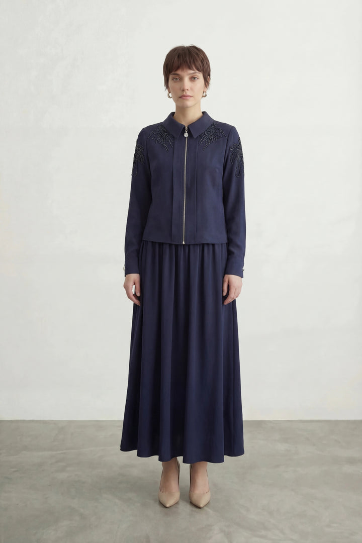 Taş İşlemeli Amiri Kumaş Etekli Takım Lacivert