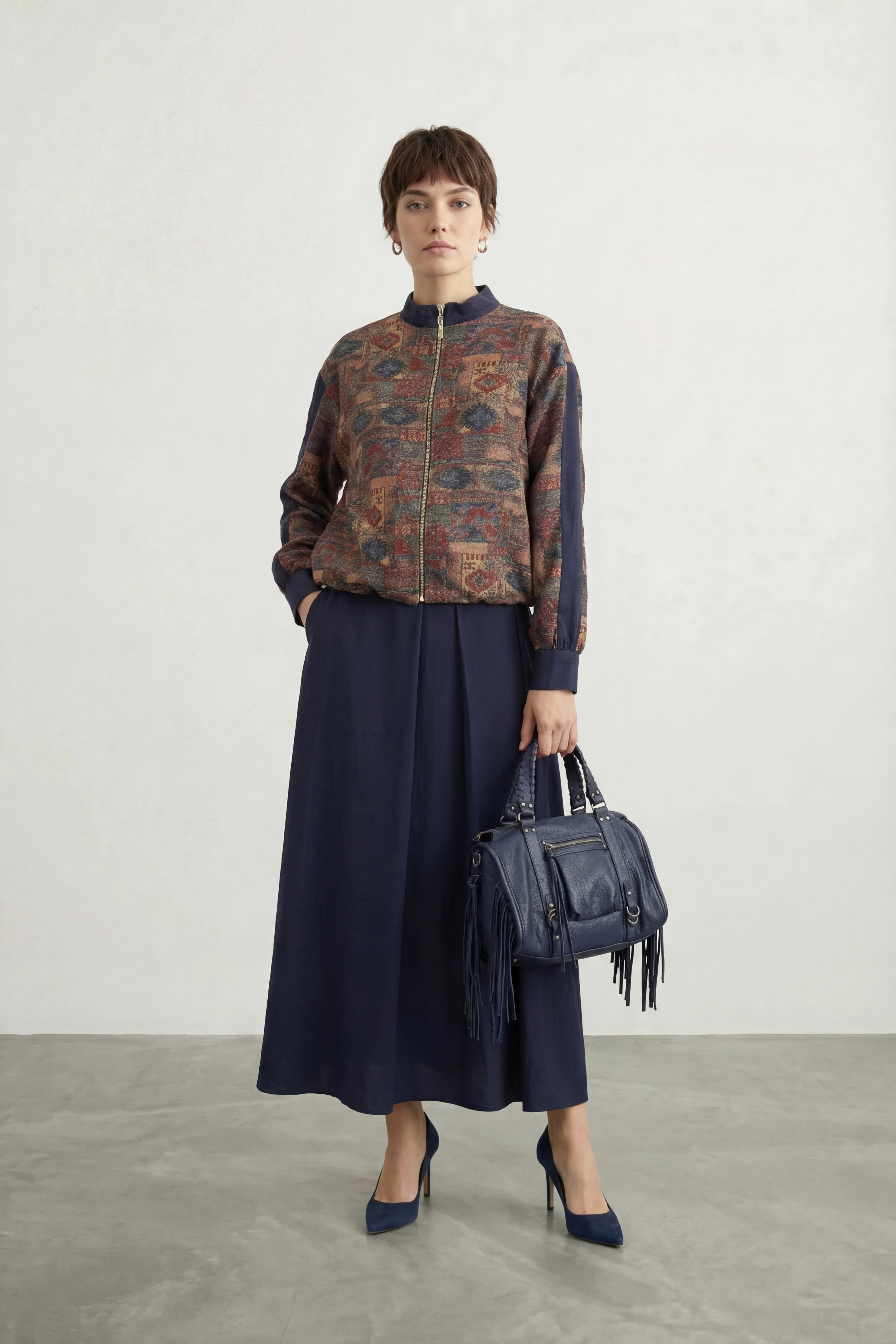 Etnik Desenli Paraşüt Kumaş Takım Lacivert