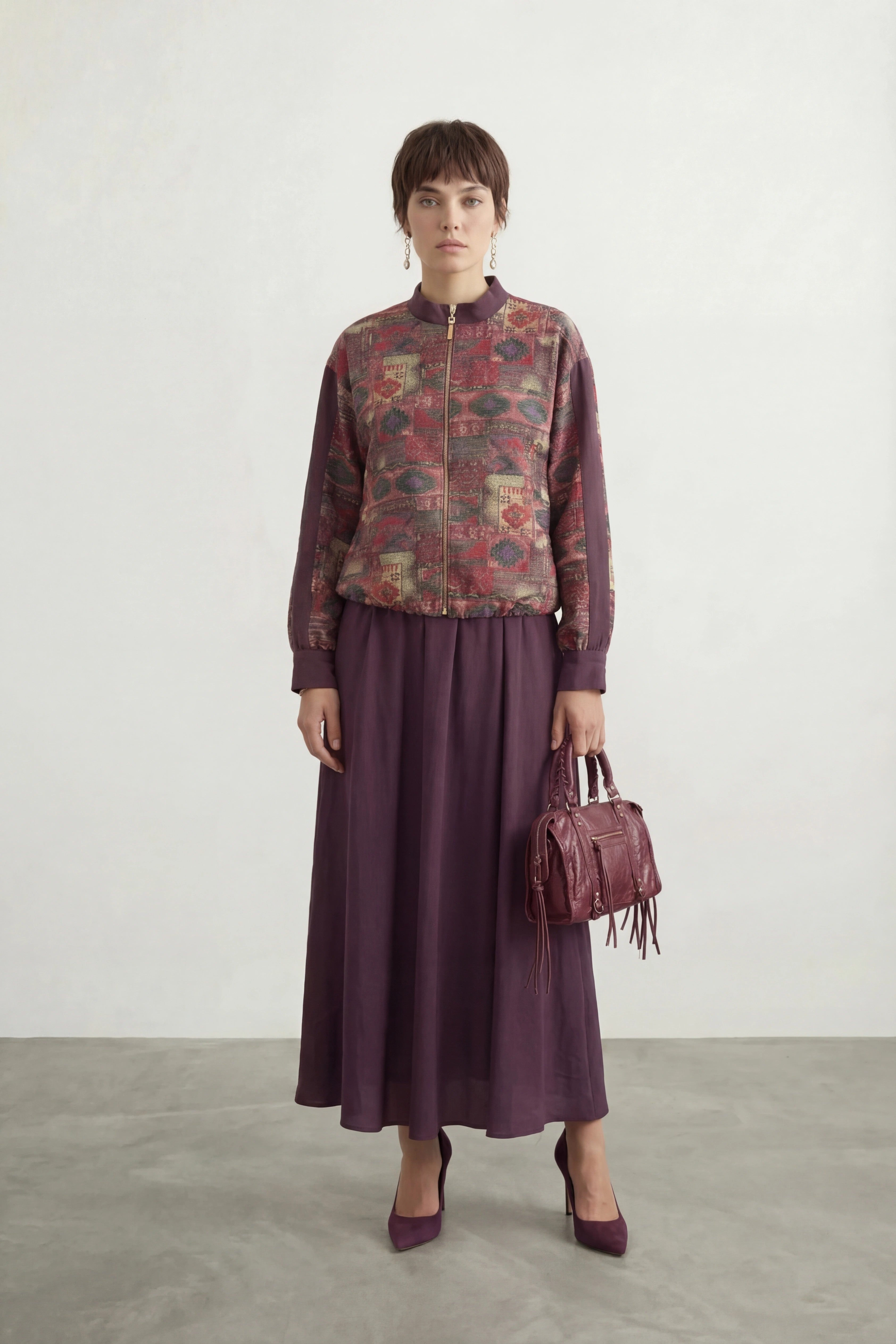 Etnik Desenli Paraşüt Kumaş Takım Mürdüm