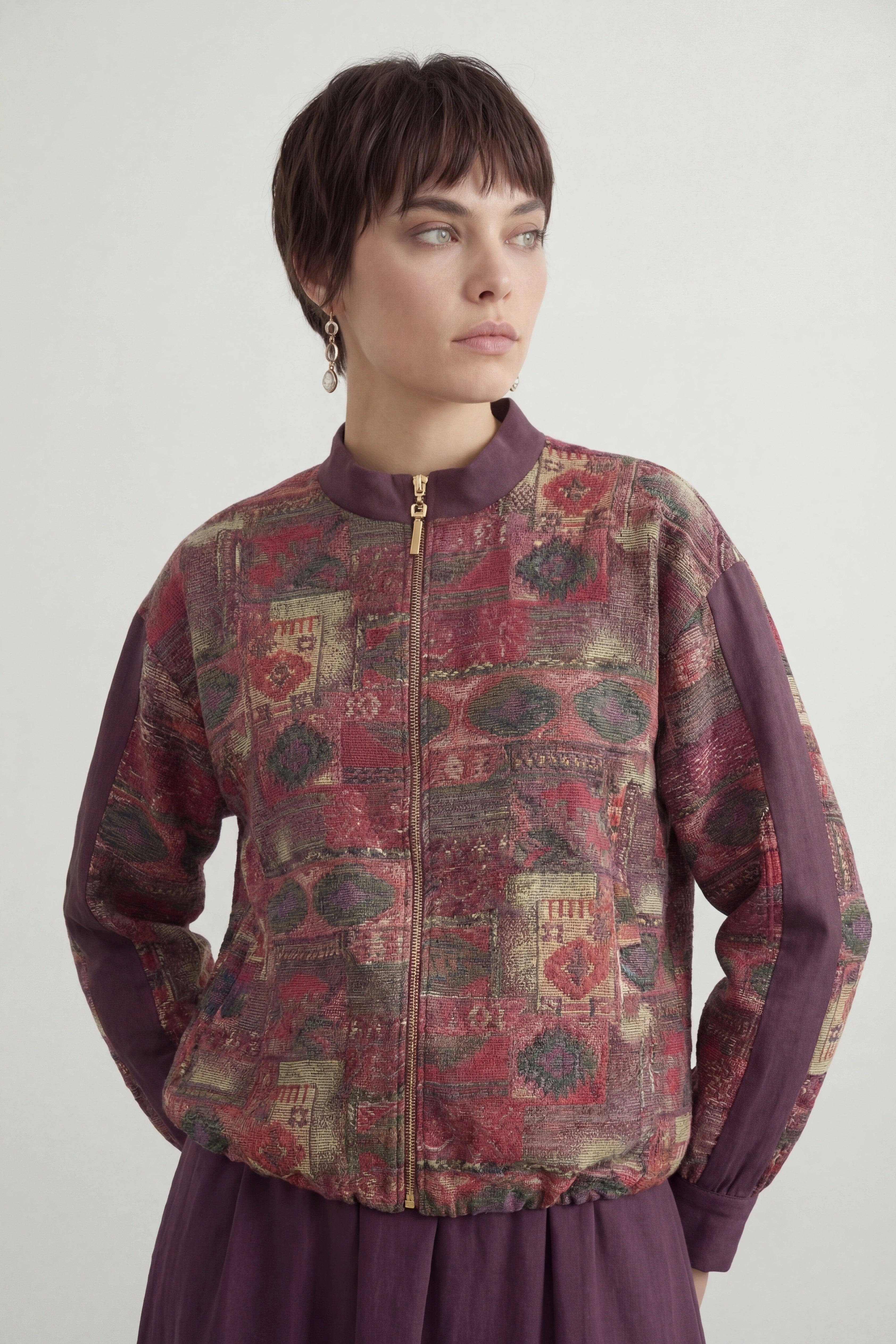 Etnik Desenli Paraşüt Kumaş Takım Mürdüm