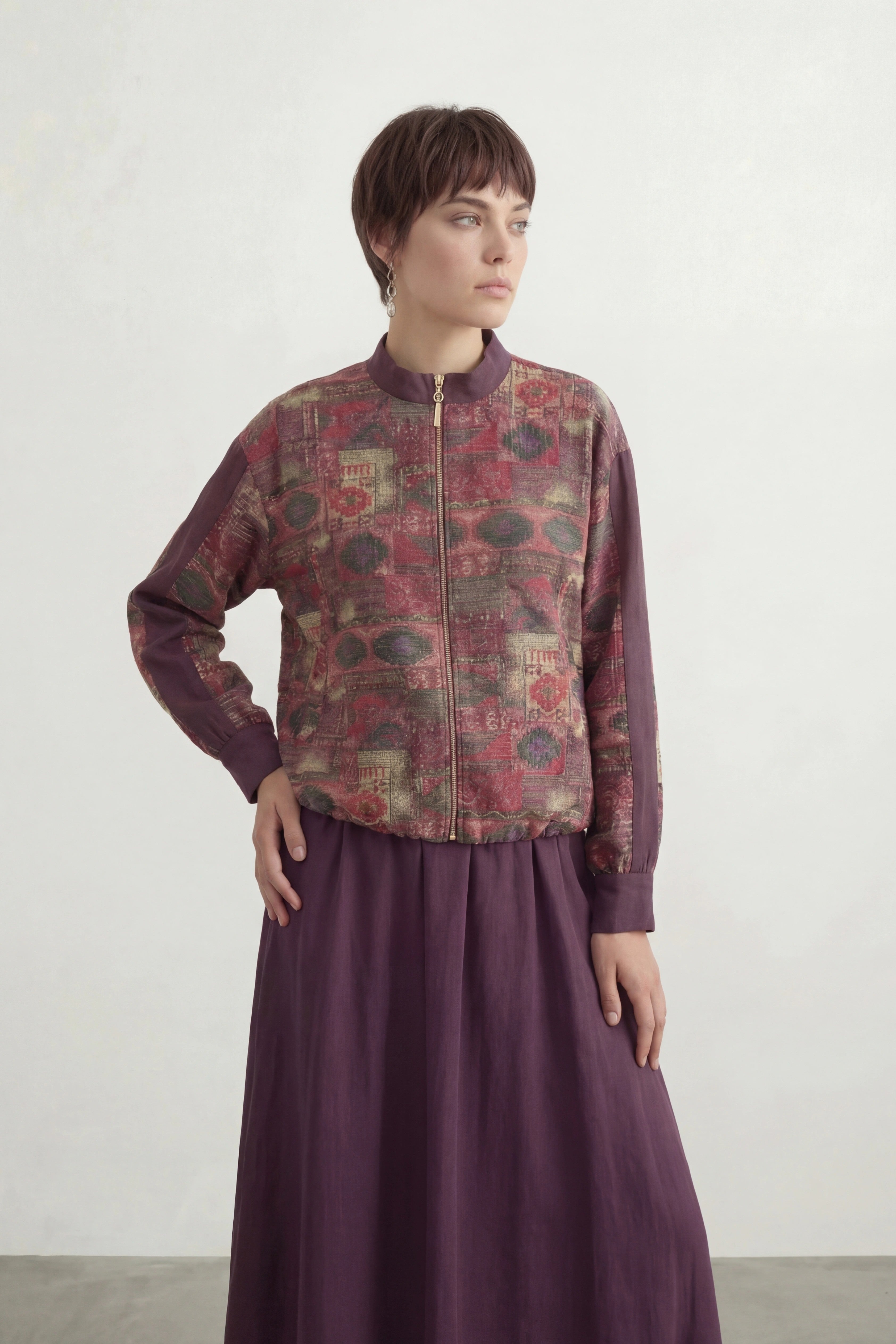 Etnik Desenli Paraşüt Kumaş Takım Mürdüm