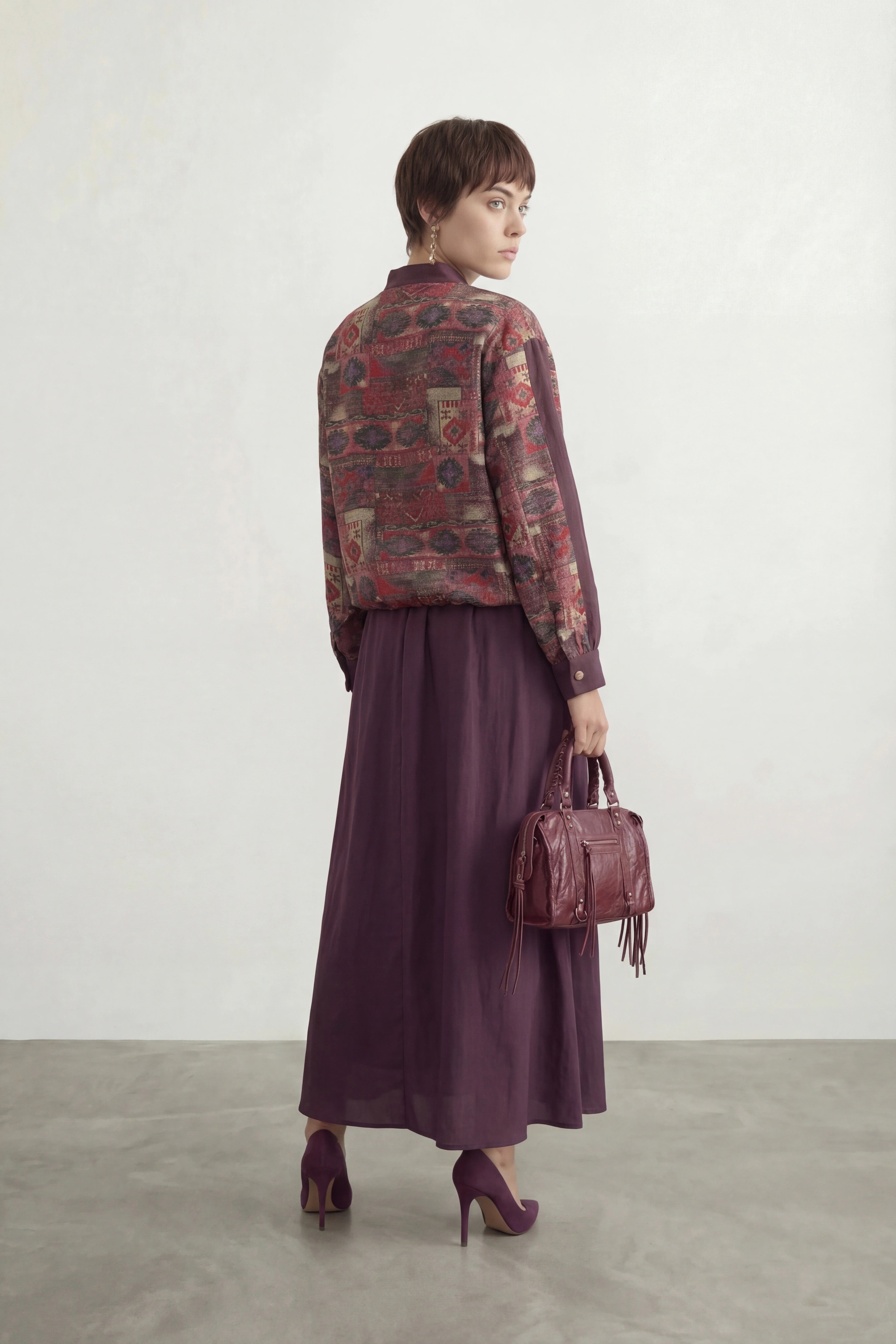 Etnik Desenli Paraşüt Kumaş Takım Mürdüm