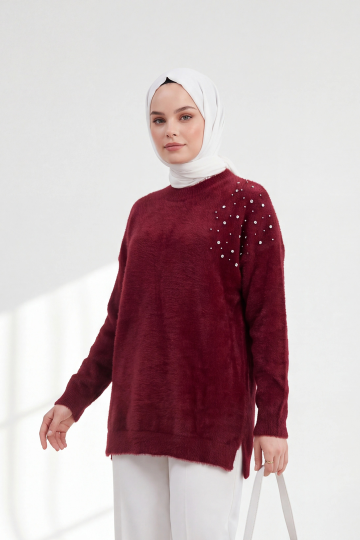 Taş İşlemeli Triko Kumaş Kazak Bordo