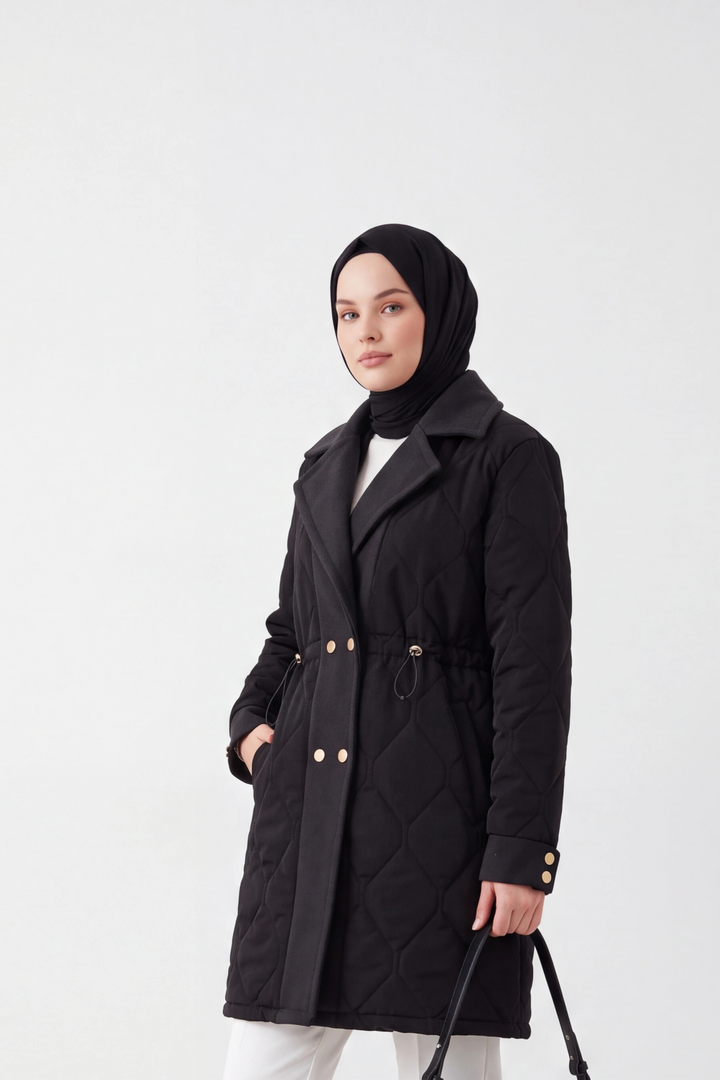 Kaşe Detaylı Kapitone Mont Siyah
